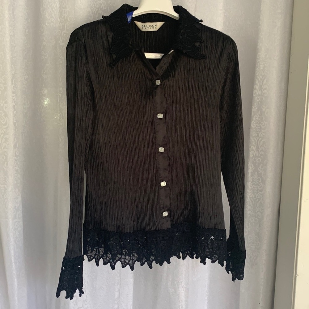 Allison Taylor Black Long-Sleeve Lace Trim Button-Up Blouse